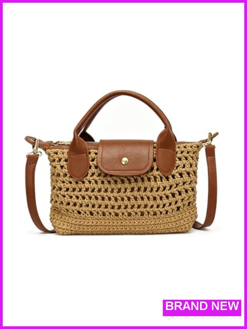 Crochet Tote Bag Small Boho Handbag Leather Trim Crossbody Purse Woven Shoulder